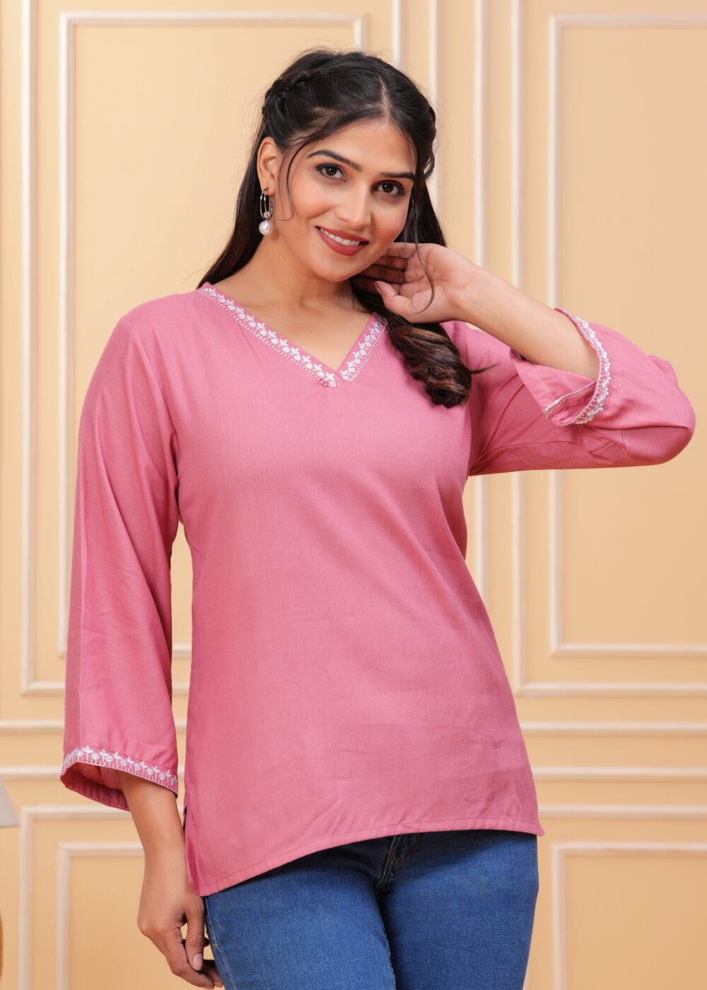 Gvastra Women’s Viscose Rayon V Neck pink Full Sleeves Solid Casual Short Kurti Tunic Top (Copy) - Image 3