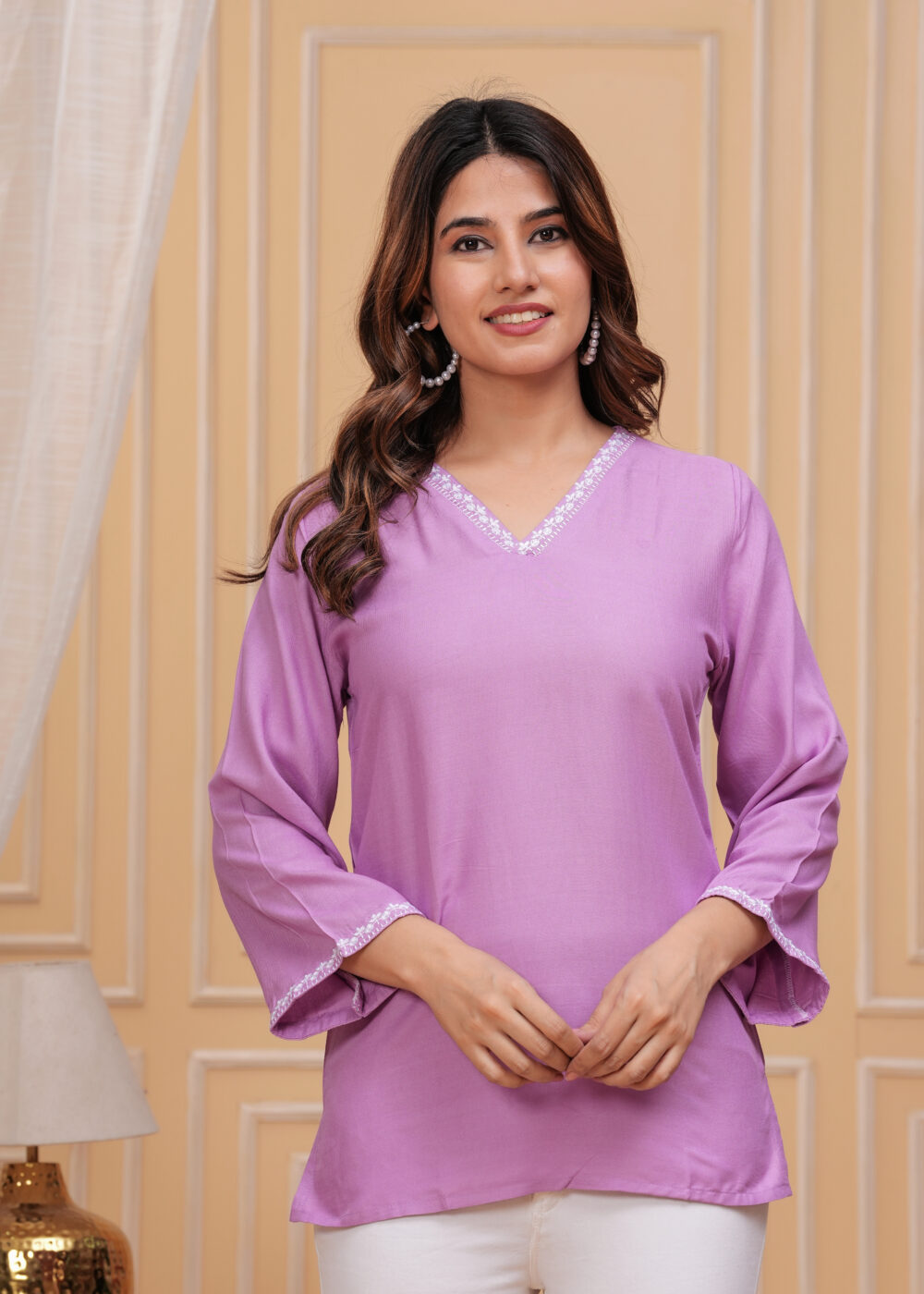 Gvastra Women’s Viscose Rayon V Neck Purpel Full Sleeves Solid Casual Short Kurti Tunic Top - Image 5