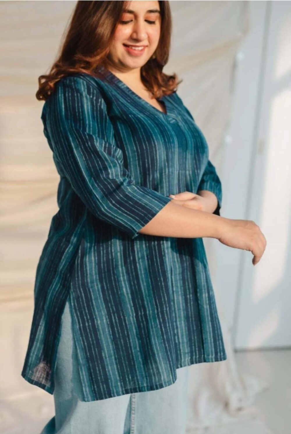 Gvastra Women’s Viscose Rayon PRINTED  V Neck BLUE Full Sleeves Solid Casual Short Kurti Tunic Top - Image 5